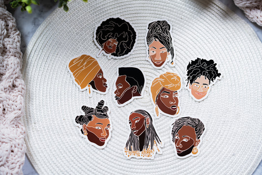 Black Woman Faces Line Art Die Cut Stickers - Pounded Yam Productions
