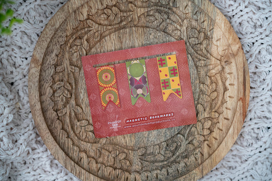 Mini Ankara African Print Magnetic Bookmark Tab - Set 1 (Cowries, Discs, Bloom) - Pounded Yam Productions